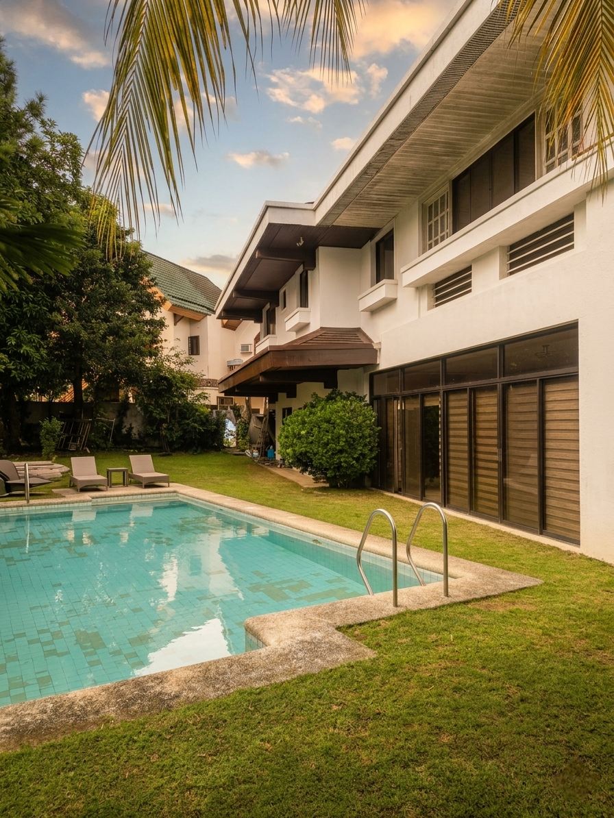 Swimming pool and lawn beside the home with sunset sky