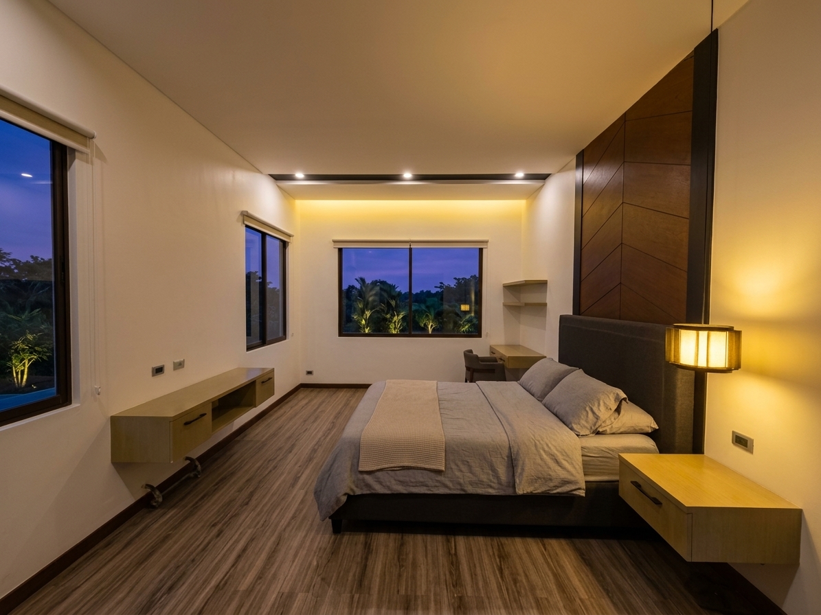 Second bedroom with warm lighting, built-in study desk and garden outlook