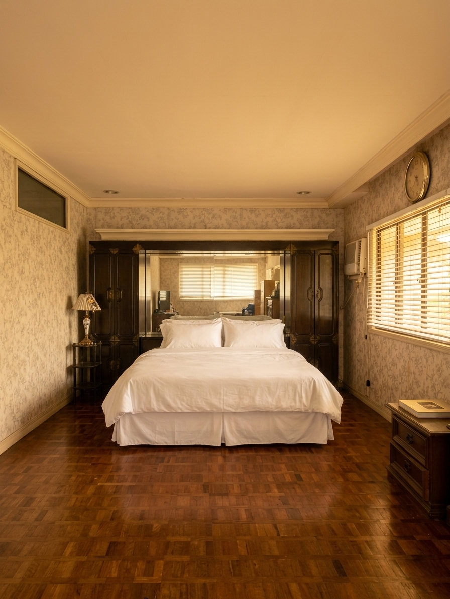Spacious master bedroom with parquet flooring