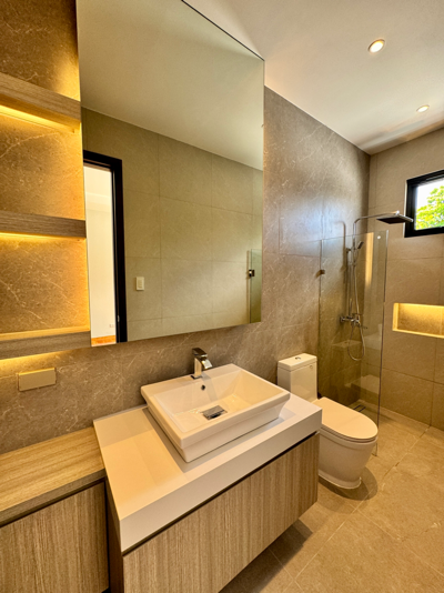 Modern bathroom with floating vanity and walk-in rain shower