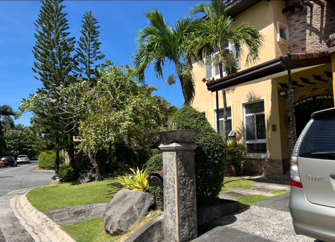 Corner lot frontage with mature palms and landscaped garden