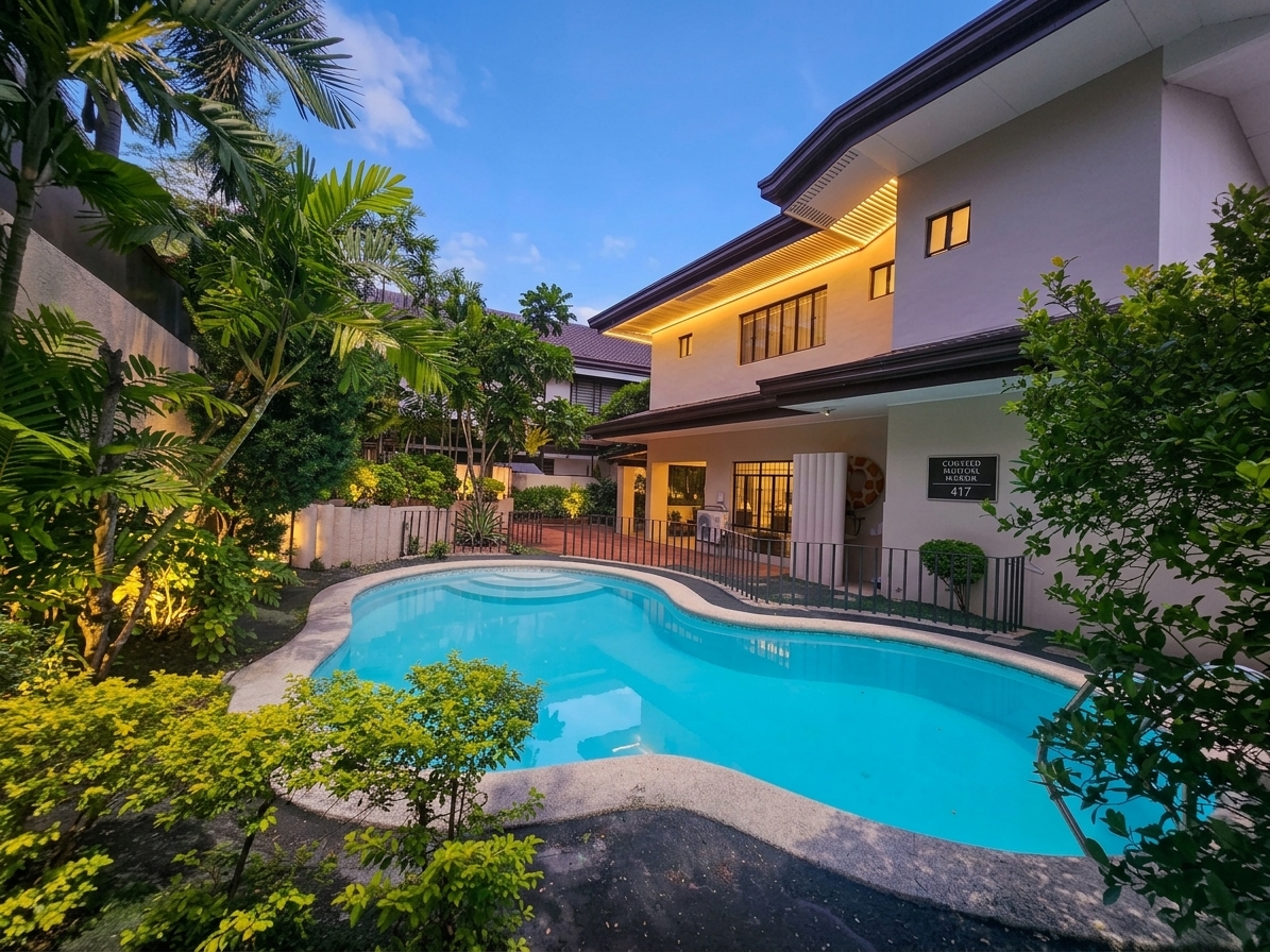 Private swimming pool framed by mature tropical planting