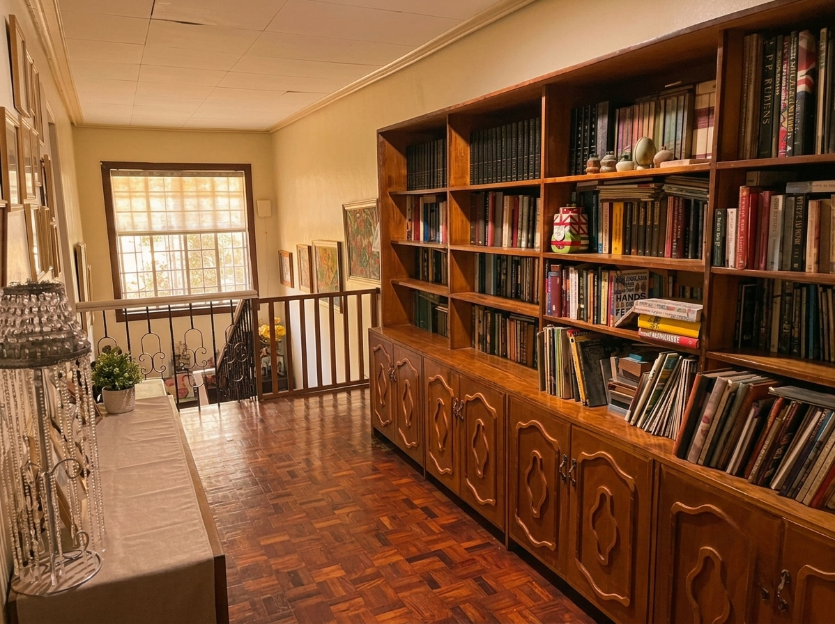 Upper hall with built-in wood shelving, parquet floors, and window light