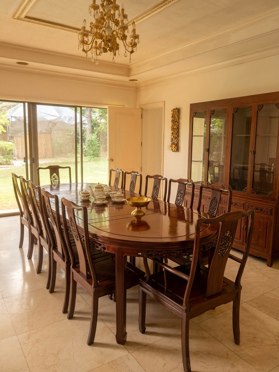 Formal dining room with hardwood table and chandelier