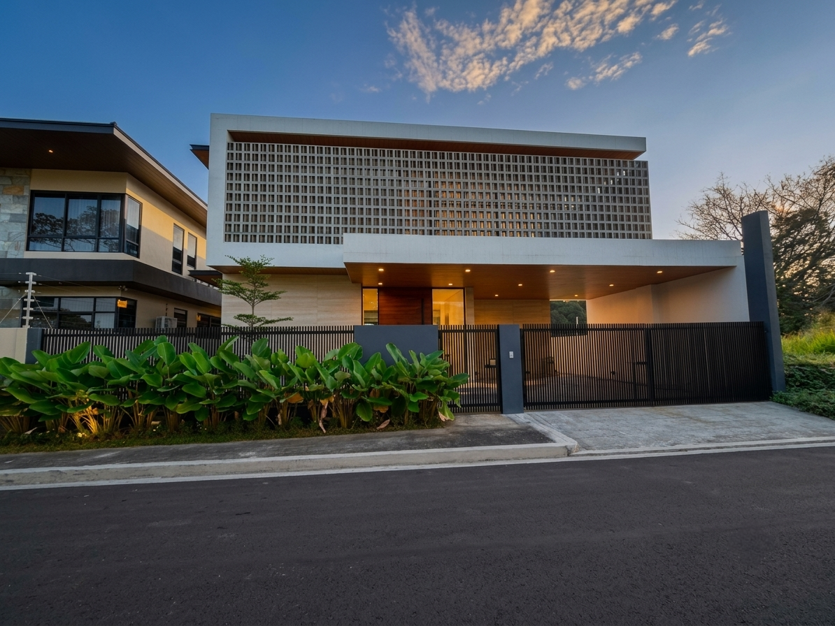 Daytime street view of the residence with breeze-block screen and open carport