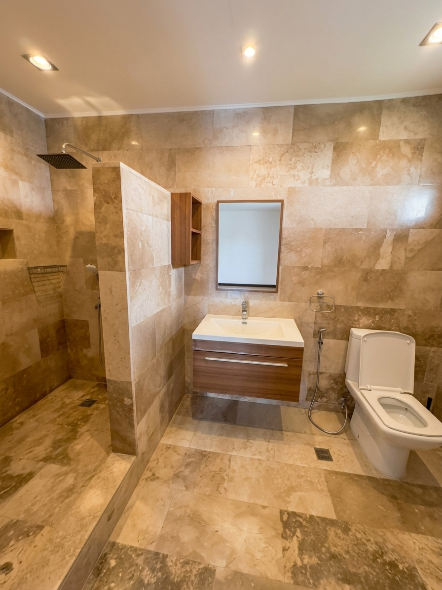 Modern travertine bathroom with walk-in rain shower