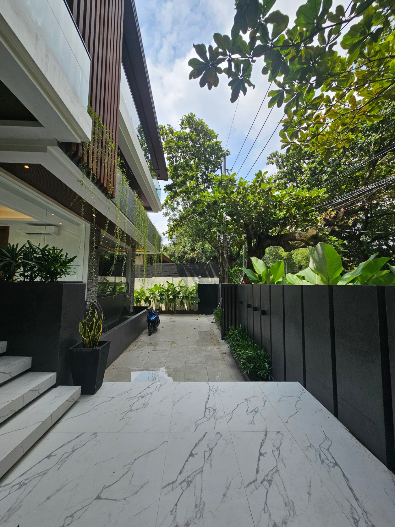 Modern mansion exterior with marble-clad driveway and vertical garden walls