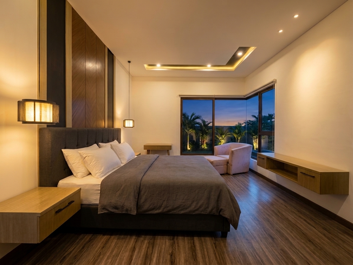 Modern bedroom with garden views and built-in timber cabinetry