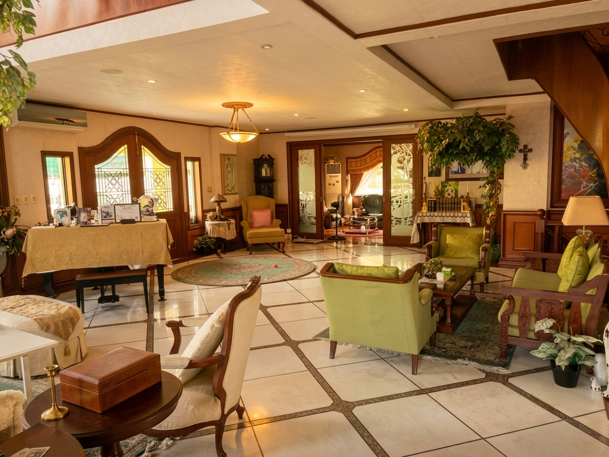 Grand open living area with classic wood detailing, tiled floors, and abundant seating