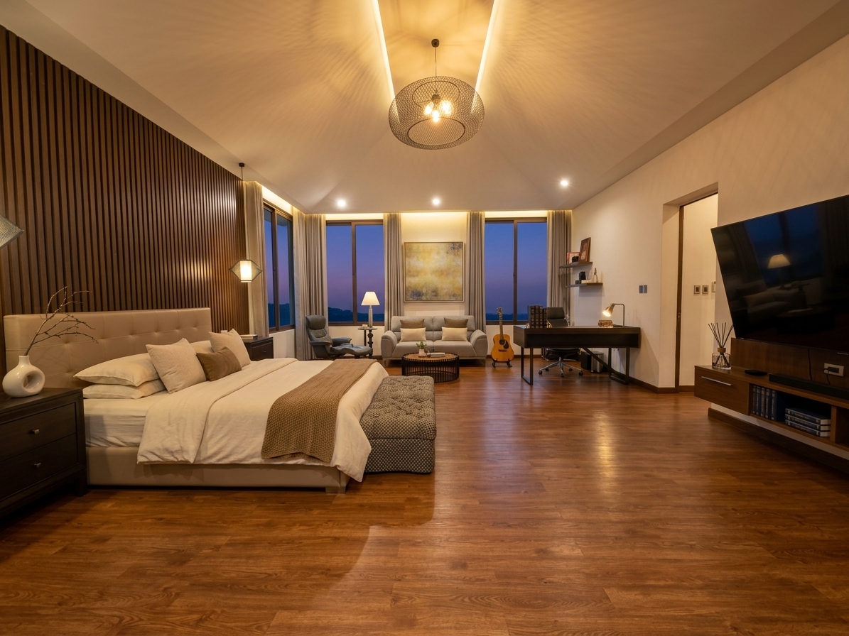 Expansive primary suite with timber floors, lounge and study areas
