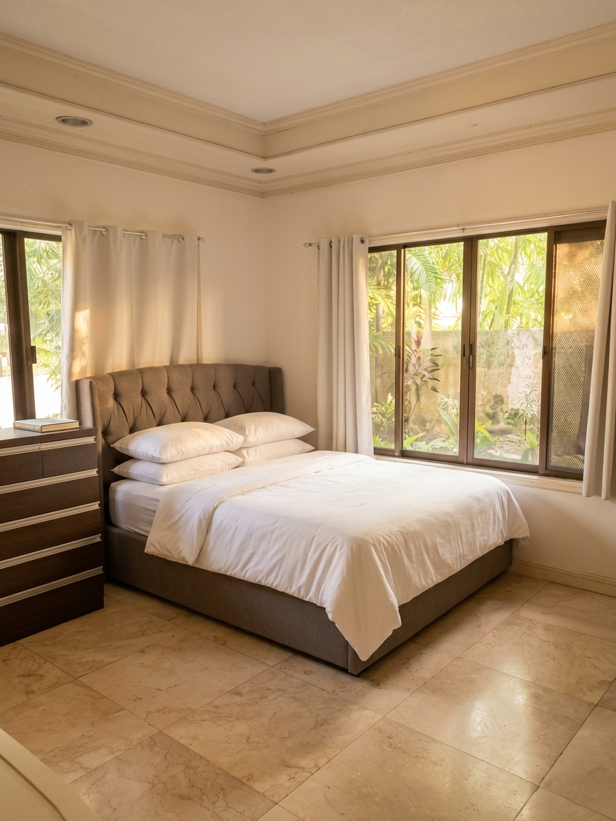 Bright bedroom with marble floors and garden view