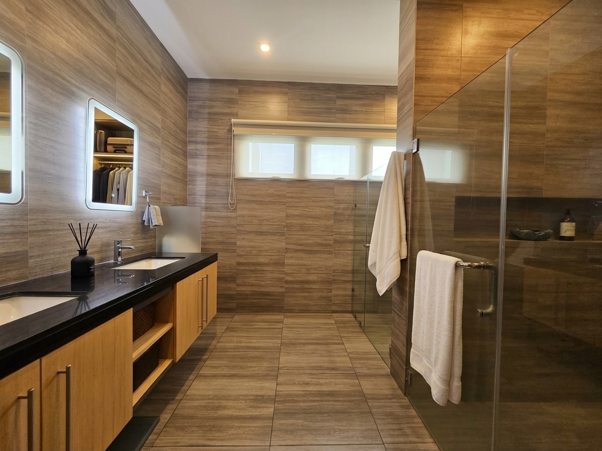 Contemporary bathroom with double vanity and glass shower enclosure