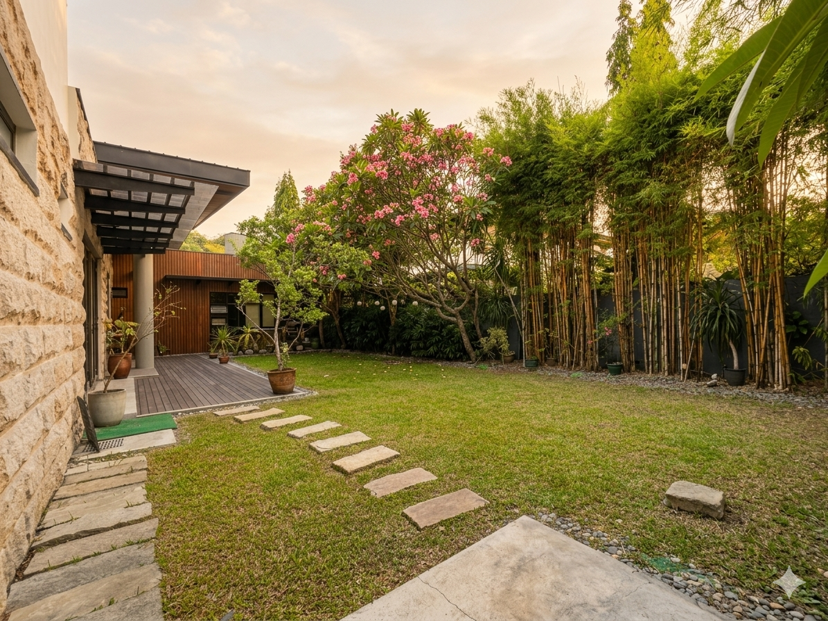 Deep landscaped back garden with stepping stones, bamboo screen and plumeria in bloom