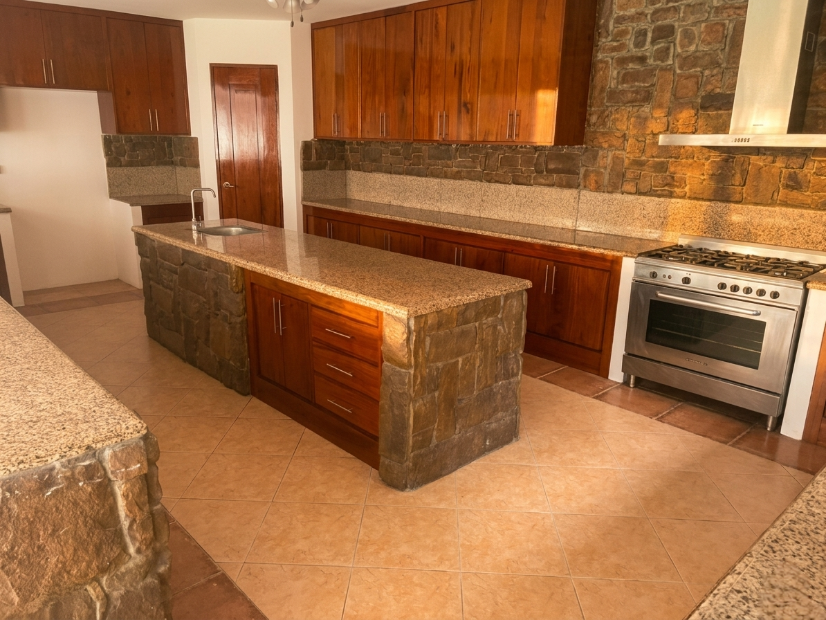 Stone-and-wood kitchen with central island