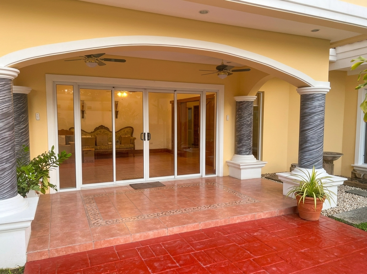 Covered lanai with arched opening and stone-finished columns