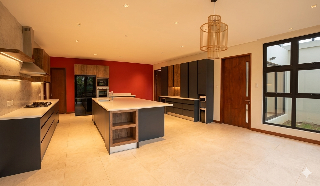 Main kitchen with island, stone counters, custom cabinetry and red feature wall