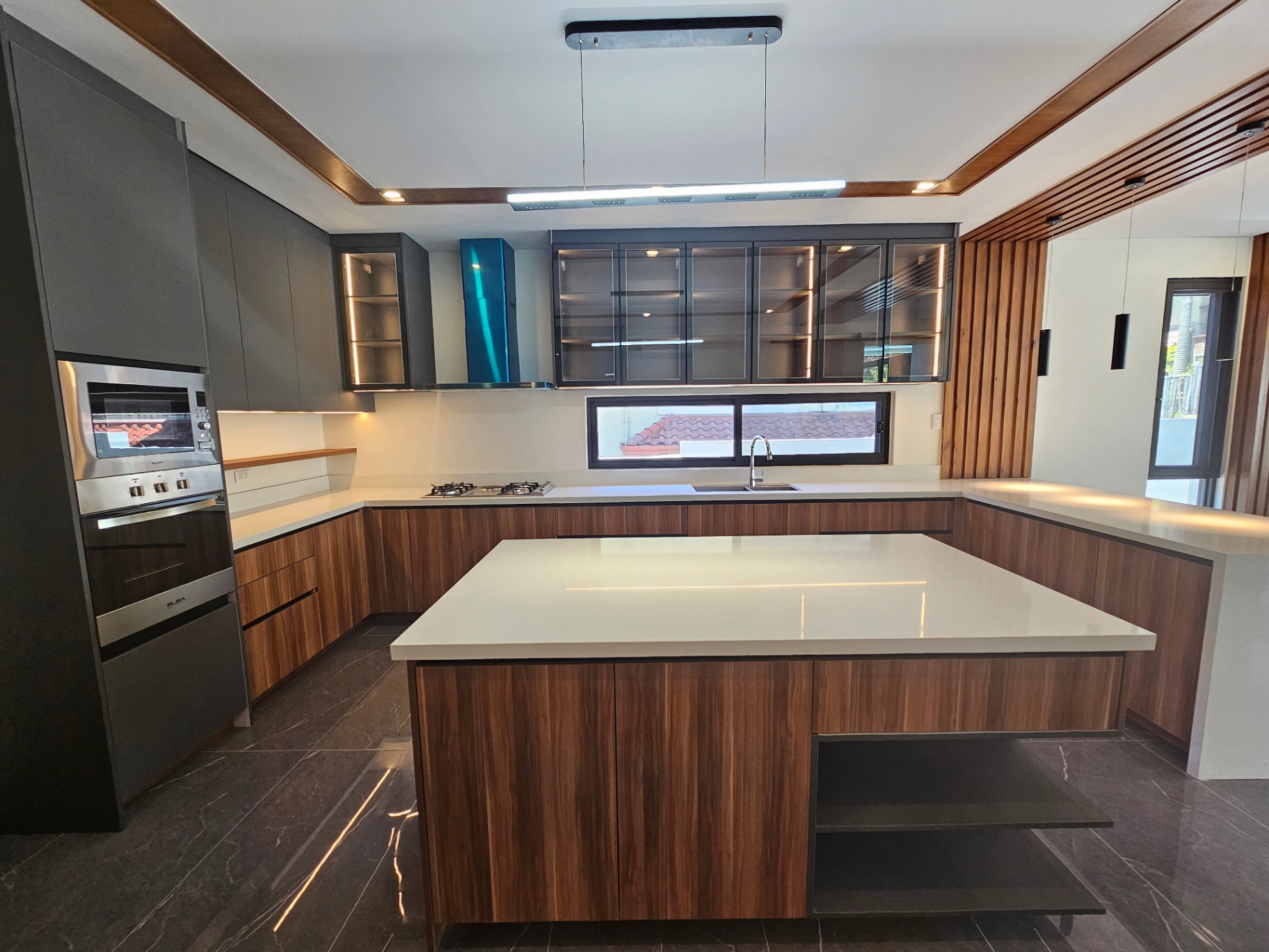 Show kitchen with Elba appliances and waterfall island