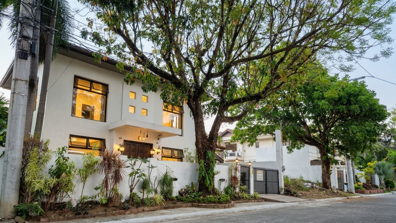 Street-side facade framed by mature trees
