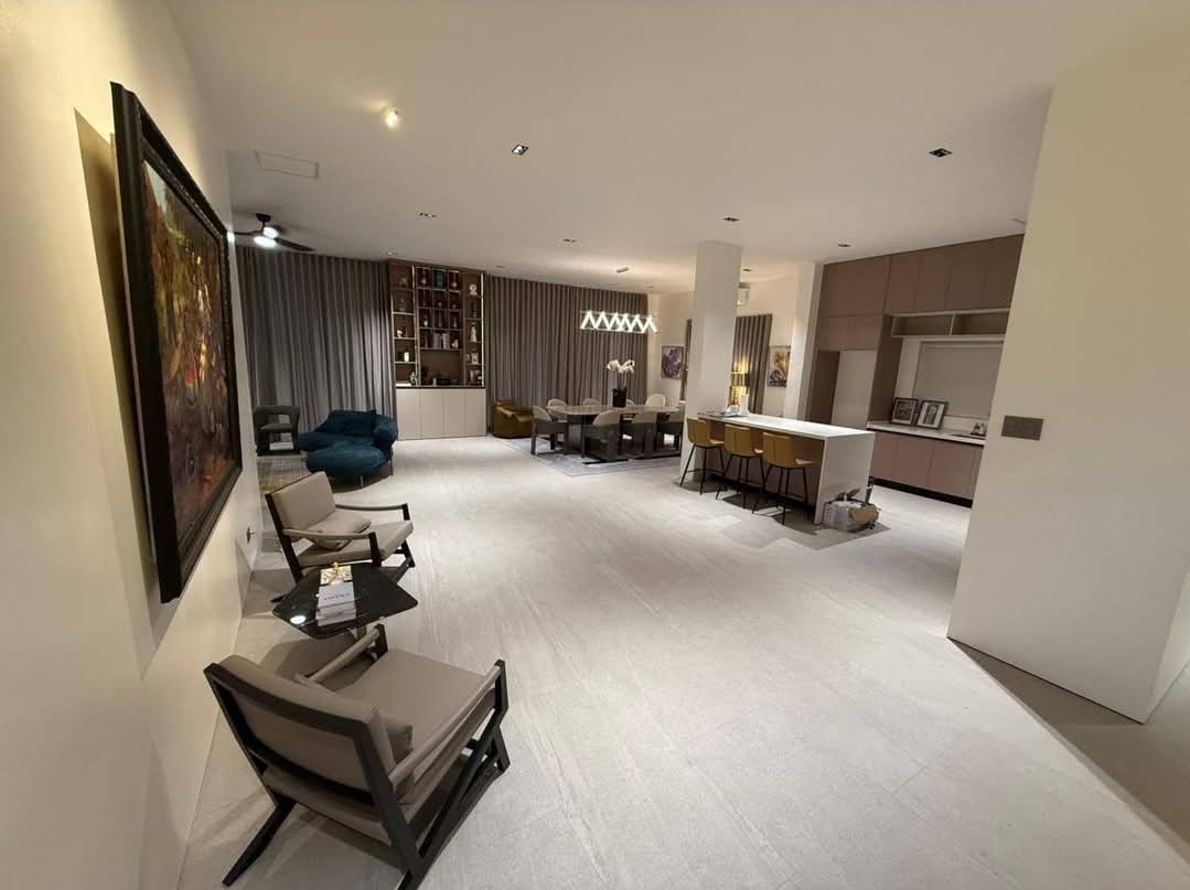 Open-plan living, dining, and kitchen with designer furnishings